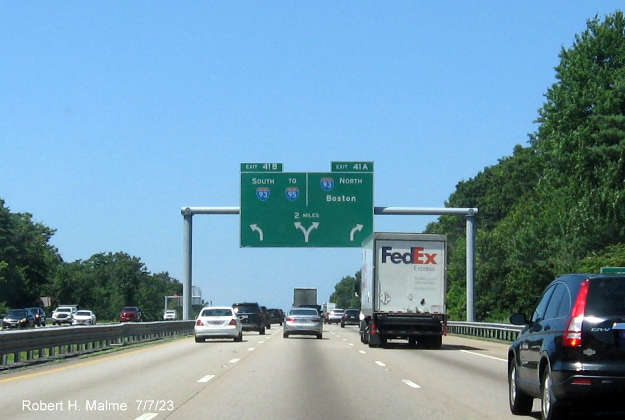 Image of 2 miles advance arrow-per-lane sign for I-93 exits with removed yellow Left Exit tab for I-93 South on MA 24 North in Randolph, July 2023