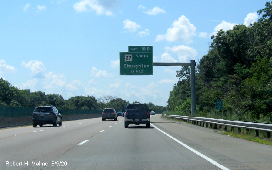 Image of newly installed 1/2 mile advance overhead sign for MA 27 North exit on MA 24 South in Stoughton