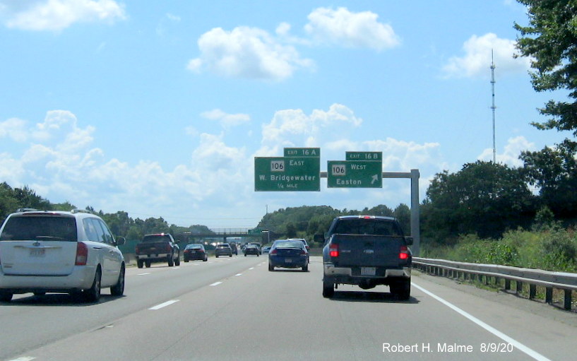 Image of recently placed overhead signs at ramp to MA 106 West on MA 24 South in West Bridgewater, August 2020