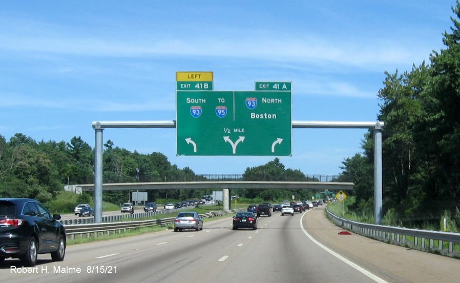 Image of recently placed 1/2 mile advance overhead diagrammatic sign for I-93/US 1 exit on MA 24 North in Randolph, August 2021