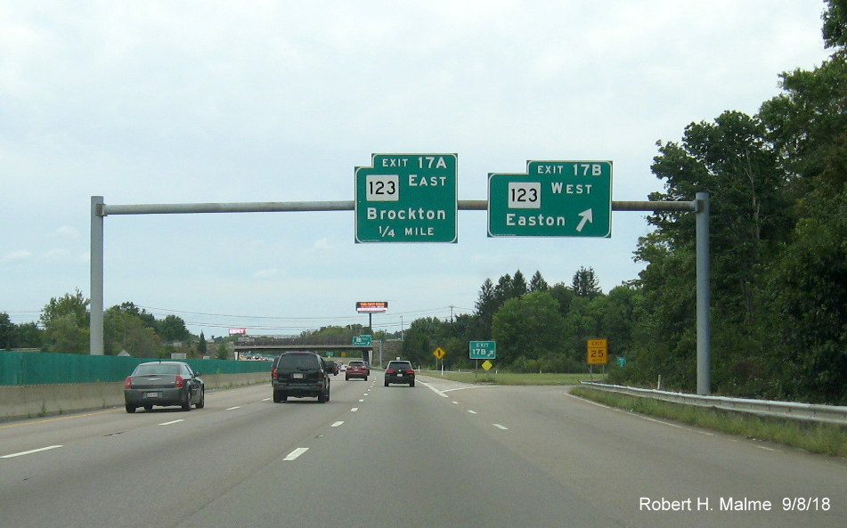 Image of overhead signs for MA 123 exit on MA 24 South in Brockton in Sept. 2018
