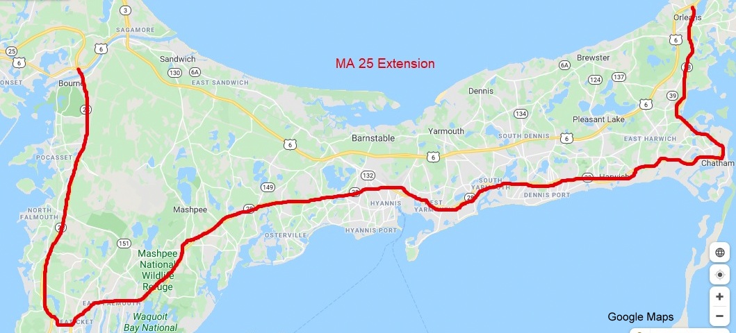Google Maps image of proposed extension of MA 25 from US 6 in Bourne to US 6 in Orleans, created March 29, 2020