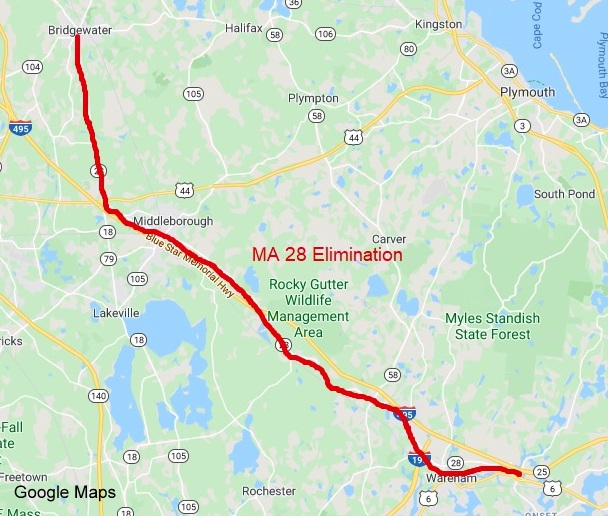 Google Map image with proposed elimination of MA 28 route between Bridgewater and Wareham, created March 29, 2020