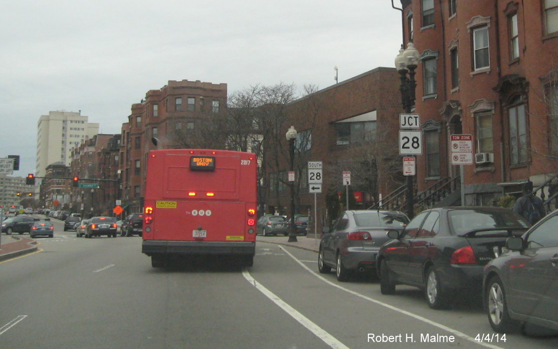 Image of MA 28 signage along Mass Ave heading West in Boston's South End