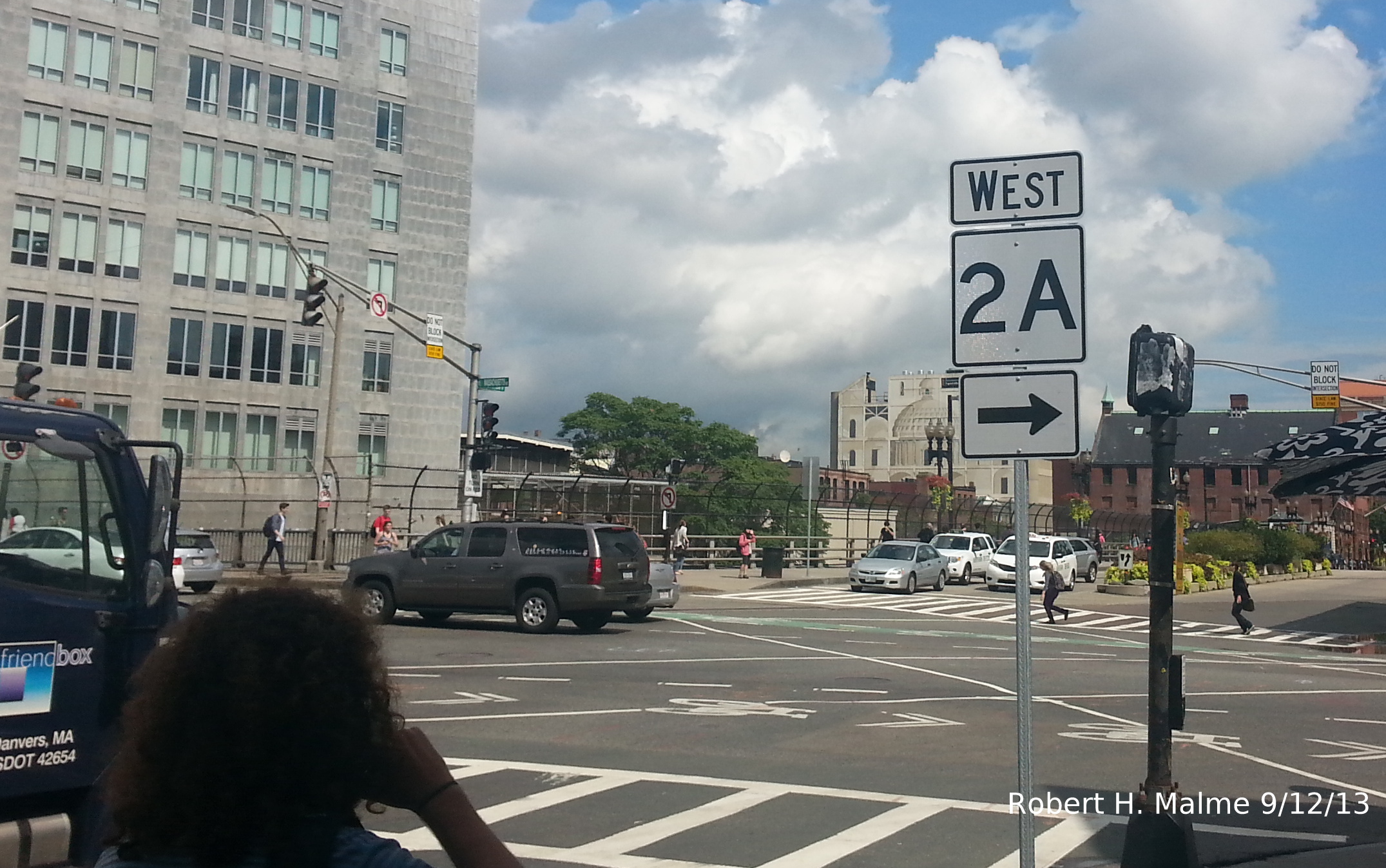 Photo of MA 2A West Guide Sign Approaching Mass Ave from Comm. Ave in Boston, 9/12/13
