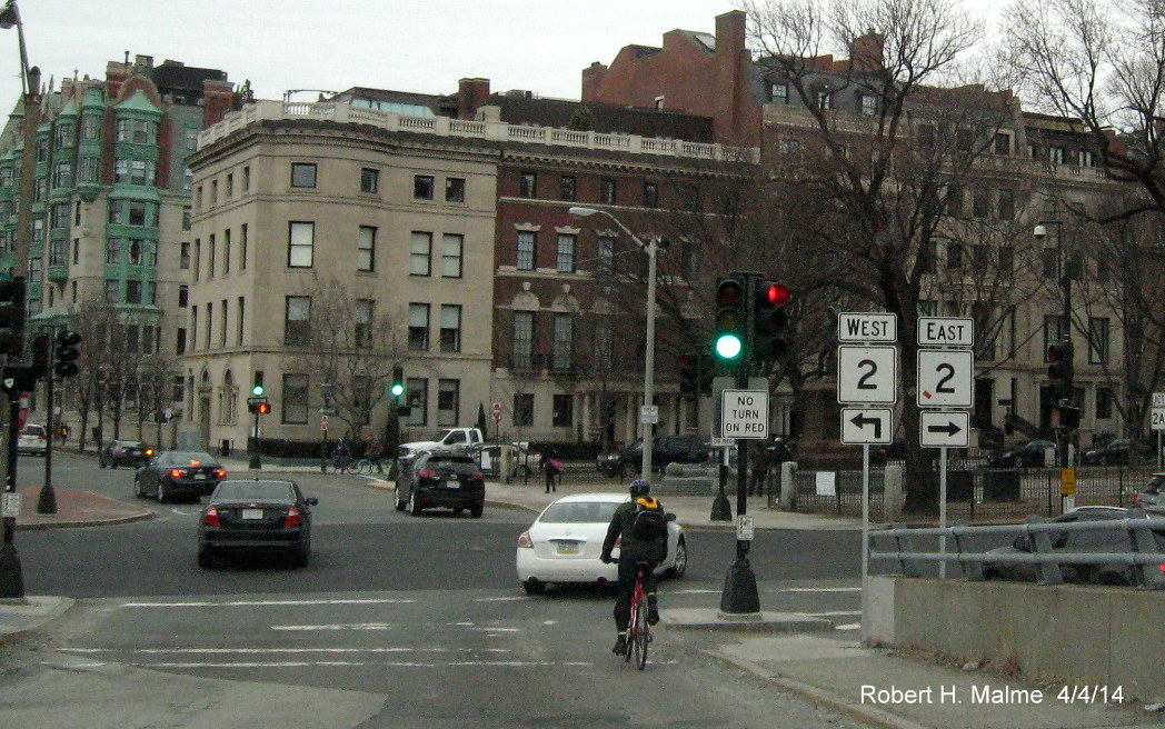 Image of MA 2 and 2A signage at intersection of Charlesgate East and Comm Ave in Boston