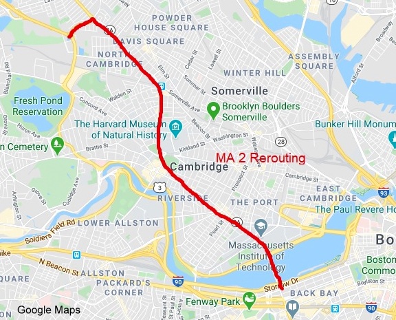 Google Map of proposed rerouting of MA 2 through Cambridge, created March 29, 2020
