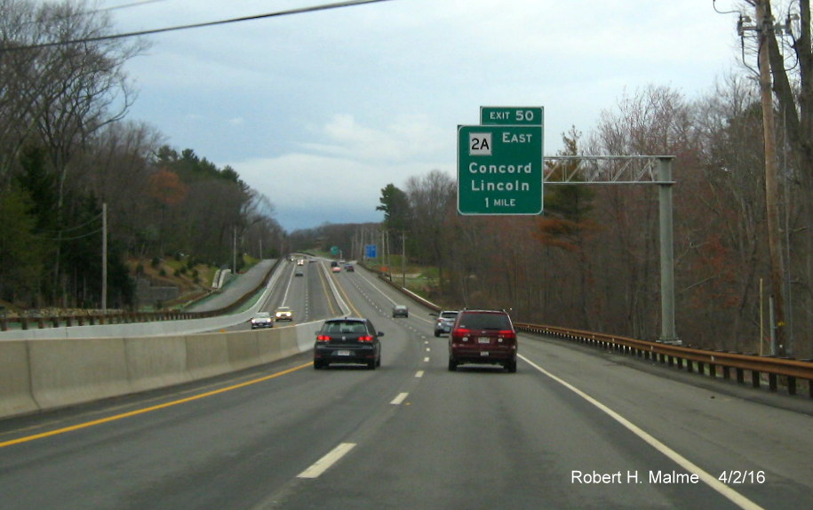 Image of 1-Mile advance overhead sign for new MA 2A exit in Concord
