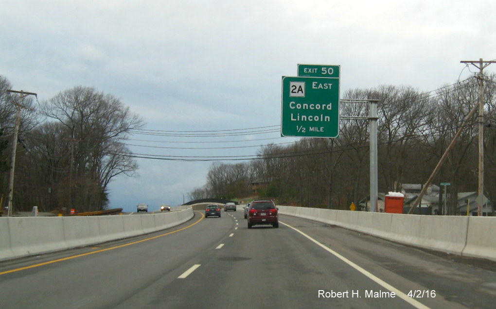 Image of 1/2 mile advance sign for new MA 2A exit on MA 2 West in Concord
