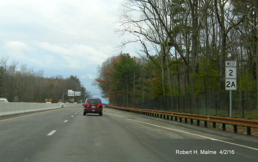 Image of reassurance markers for MA 2 and 2A following new MA 2A exit on-ramp in Concord