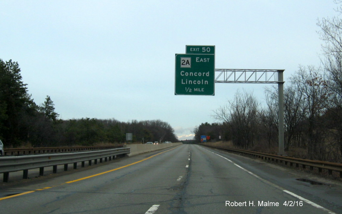 Image of 1/2 mile overhead sign for new MA 2A East exit on MA 2 East in Concord