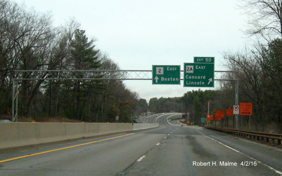 Image of overhead signage at new MA 2A East Exit on MA 2 East in Concord