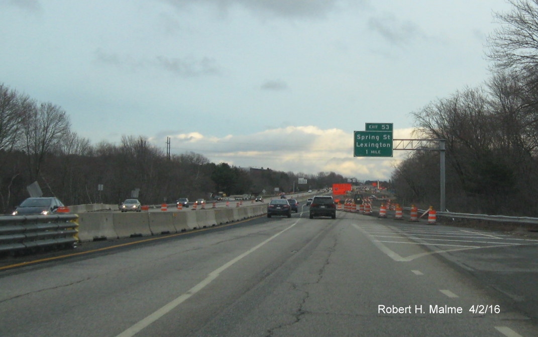 Image of overhead exit sign approaching MA 2 bridge construction zone in Lexington