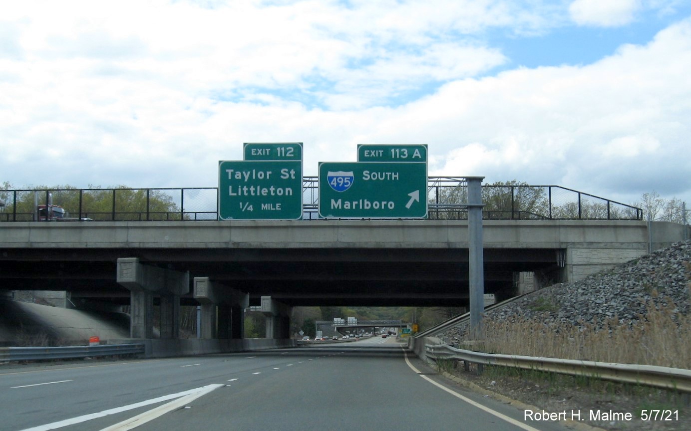 Image of overhead signage at ramp for I-495 South exit with new milepost based exit numbers on MA 2 West in Littleton, May 2021
