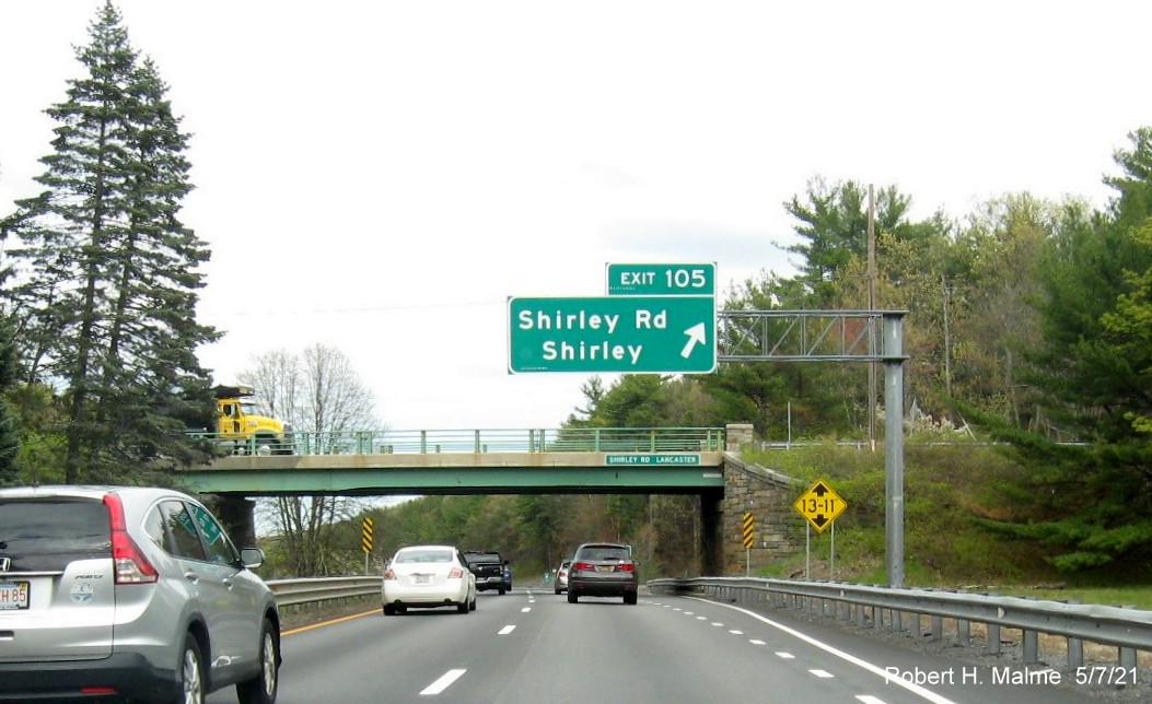 Image of overhead ramp sign for Shirley Road exit with new milepost based exit number on MA 2 East on Shirley, May 2021