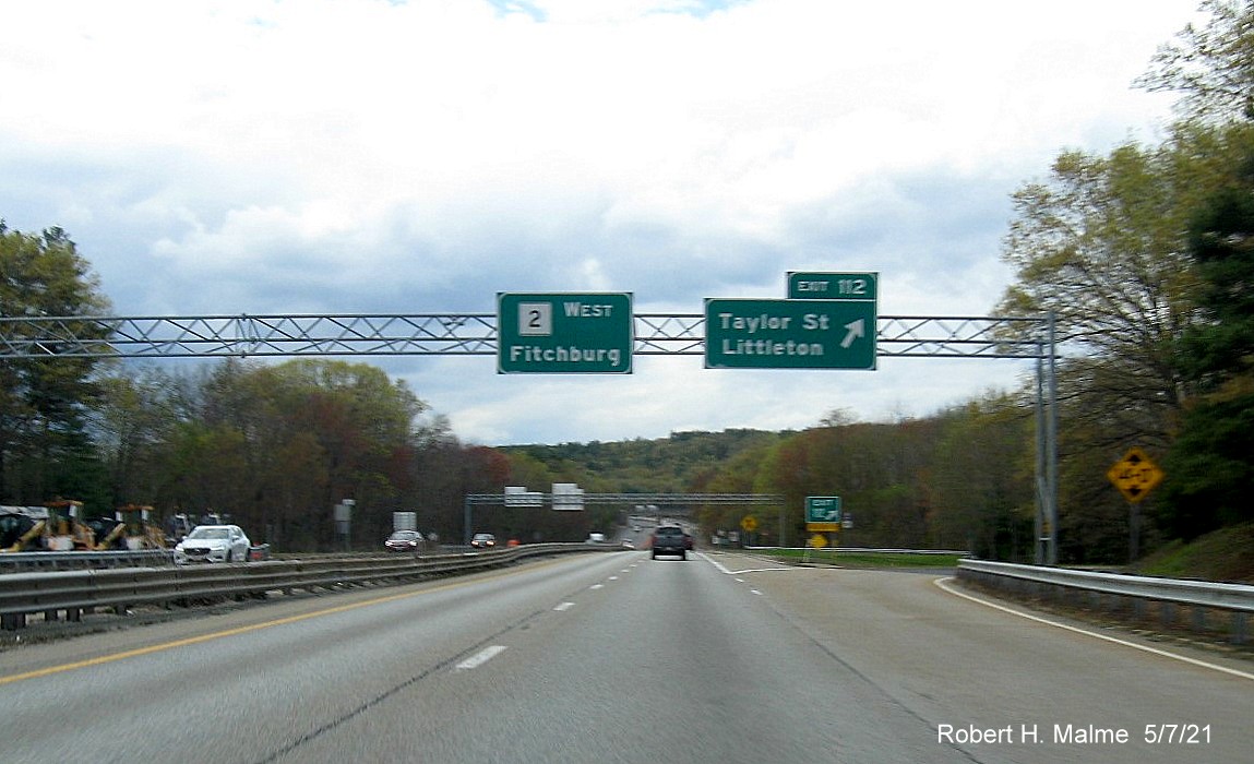 Image of 1/2 mile advance sign for Taylor Street exit with new milepost based exit number on MA 2 West in Littleton, May 2021