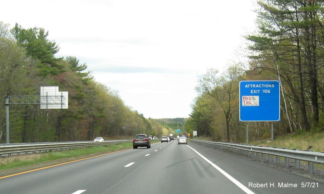 Image of auxiliary sign for Jackson Road exit with new milepost based exit number on MA 2 East in Ayer, May 2021