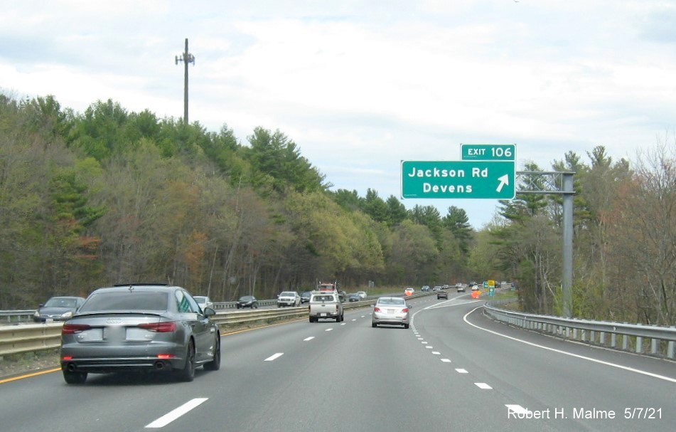 Image of overhead ramp sign for Jackson Road exit with new milepost based exit number on MA 2 East in Ayer, May 2021