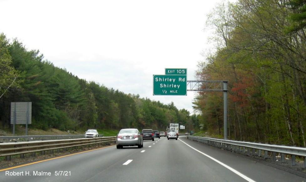 Image of 1/2 mile advance sign for Jackson Road exit with new milepost based exit number on MA 2 West in Ayer, May 2021