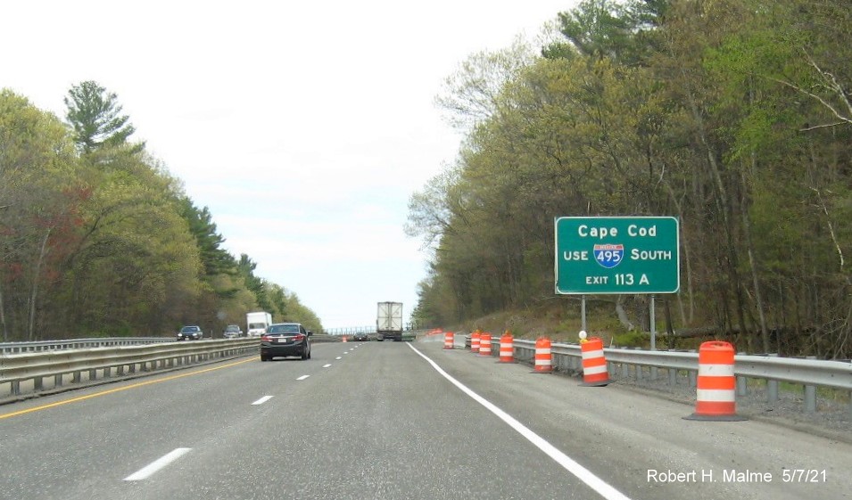 Image of auxiliary sign for I-495 South exit with new milepost based exit number on MA 2 East in Littleton, May 2021