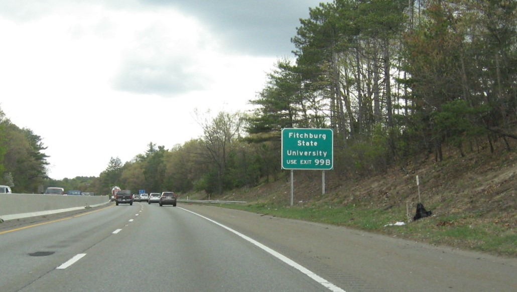 Image of auxiliary sign for MA 12 North exit with new milepost based exit number on MA 2 West in Leominster, May 2021