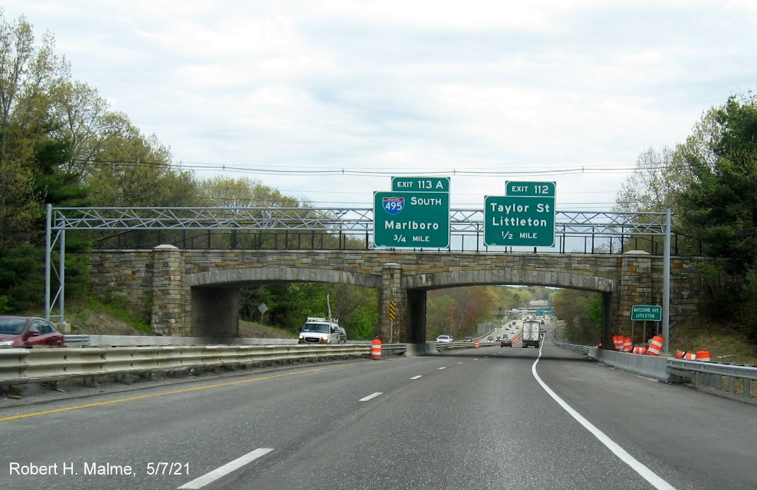 Image of overhead ramp sign for  Street exit with new milepost based exit number on MA 2 East in Littleton, May 2021