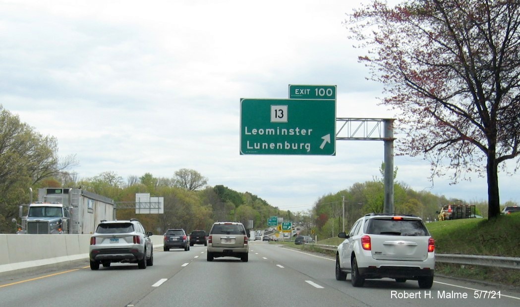 Image of overhead ramp sign for MA 13 exit with new milepost based exit number on MA 2 East in Leominster, May 2021