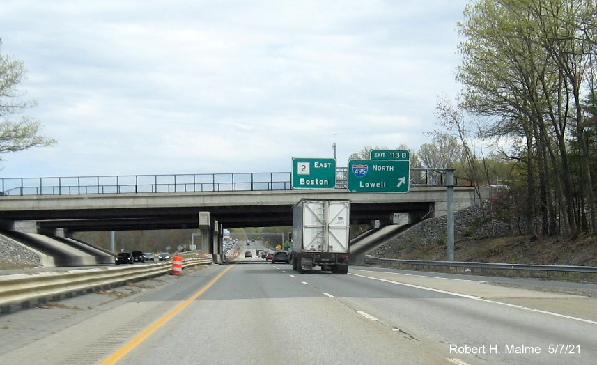 Image of overhead ramp sign for I-495 North exit with new milepost based exit number on MA 2 East in Littleton, May 2021