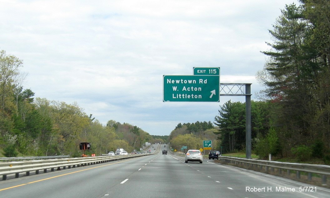Image of overhead ramp sign for Newtown Road exit with new milepost based exit number on MA 2 East in Acton, May 2021