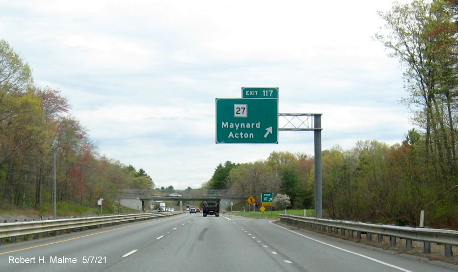 Image of overhead ramp sign for MA 27 exit with new milepost based exit number on MA 2 East in Acton, May 2021