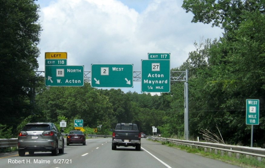 Image of overhead signage at ramp for MA 111 North exit with new milepost based exit numbers on MA 2 West in Acton, June 2021