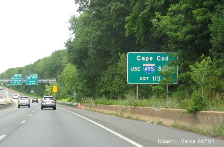 Image of auxiliary sign for I-495 South exit with new milepost based exit numbers on MA 2 West in Littleton, June 2021