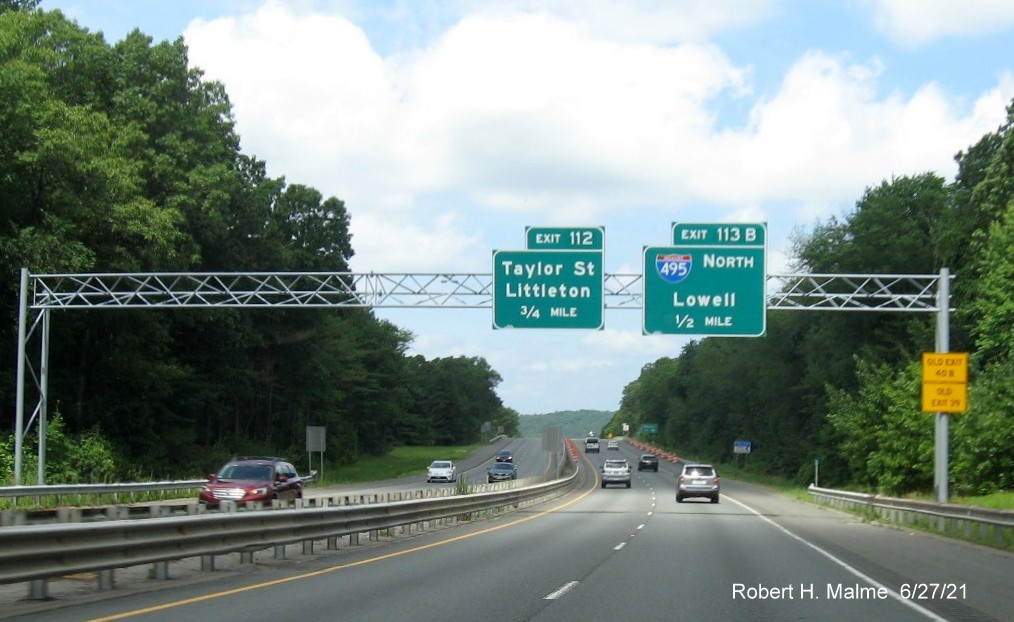Image of 1/2 Mile advance sign for I-495 North exit with new milepost based exit numbers on MA 2 West in Littleton, June 2021
