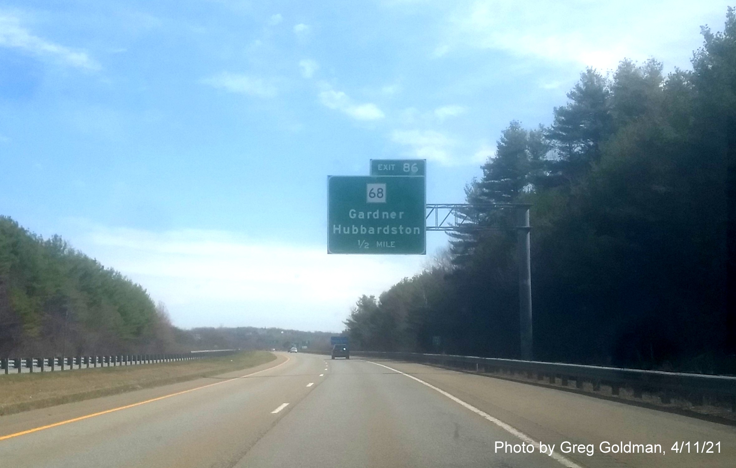 Image of 1/2 Mile advance sign for MA 68 Exit with new milepost based exit number on MA 2 East in Gardner, by Greg Goldman, April 2021