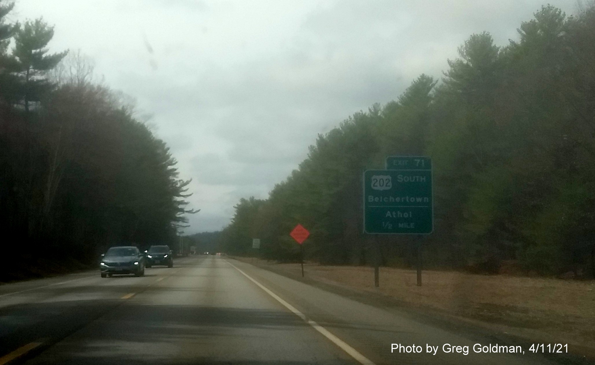 Image of 1/2 Mile advance sign for US 202 South exit with new milepost based exit number on MA 2 West in Athol, by Greg Goldman, April 2021