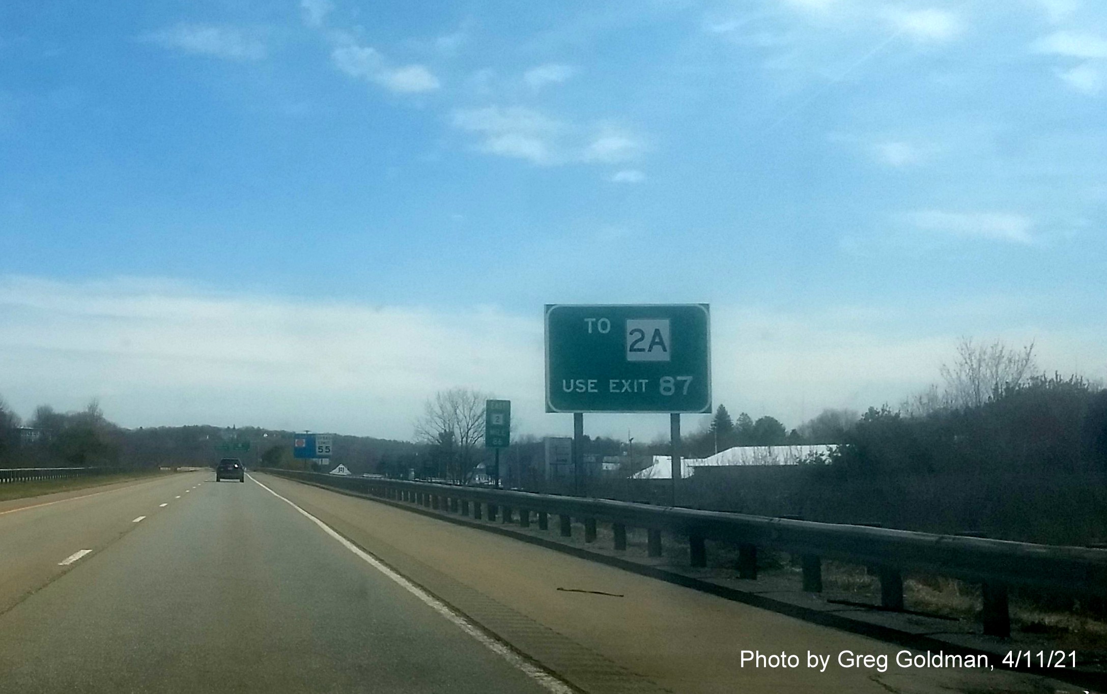 Image of auxiliary sign for Pearson Blvd with new milepost based exit number on MA 2 East in Gardner, by Greg Goldman, April 2021