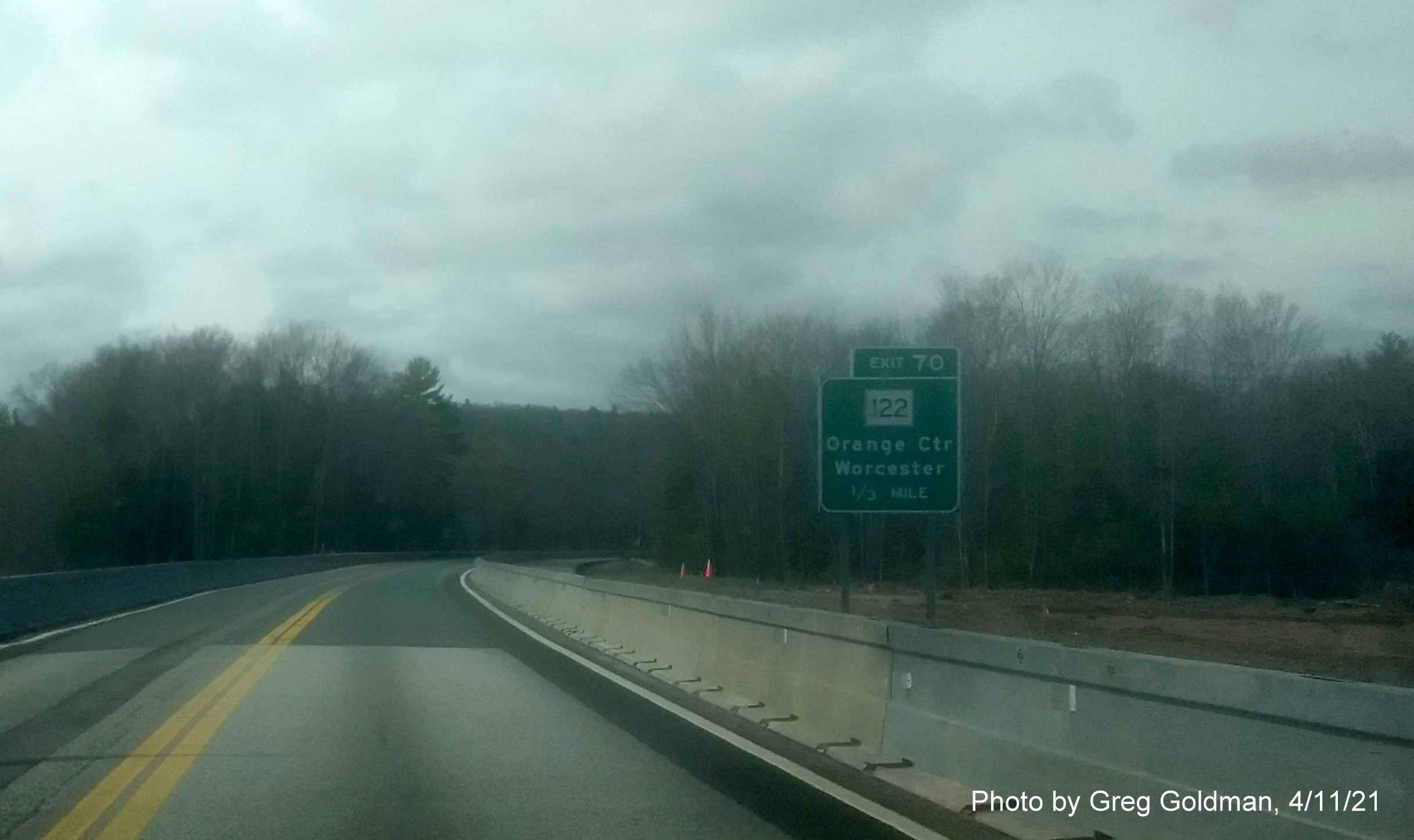 Image of 1/2 Mile advance sign for MA 122 exit with new milepost based exit number on MA 2 West in Orange, by Greg Goldman, April 2021