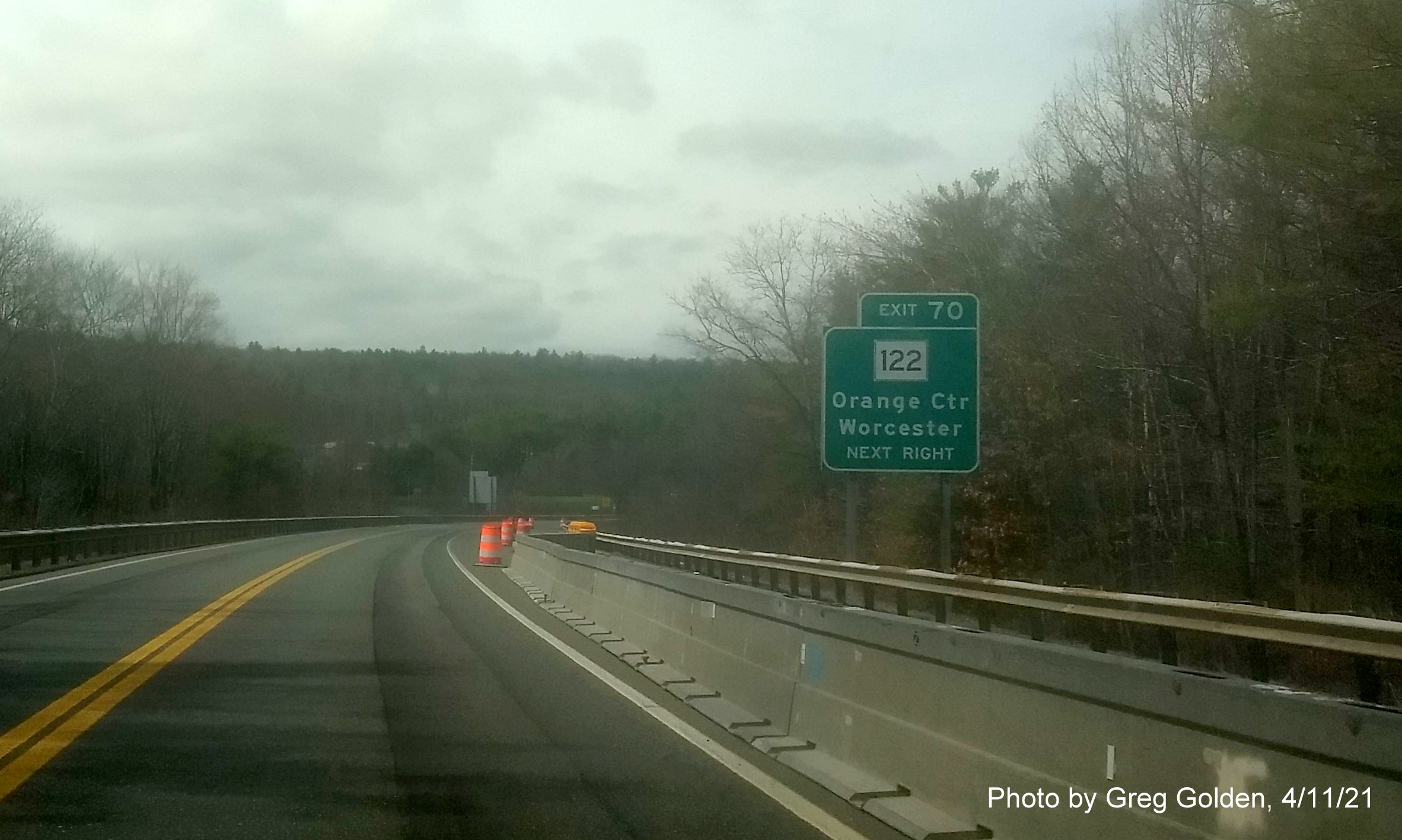 Image of advance Next Right sign for MA 122 exit with new milepost based exit number on MA 2 West in Orange, by Greg Goldman, April 2021
