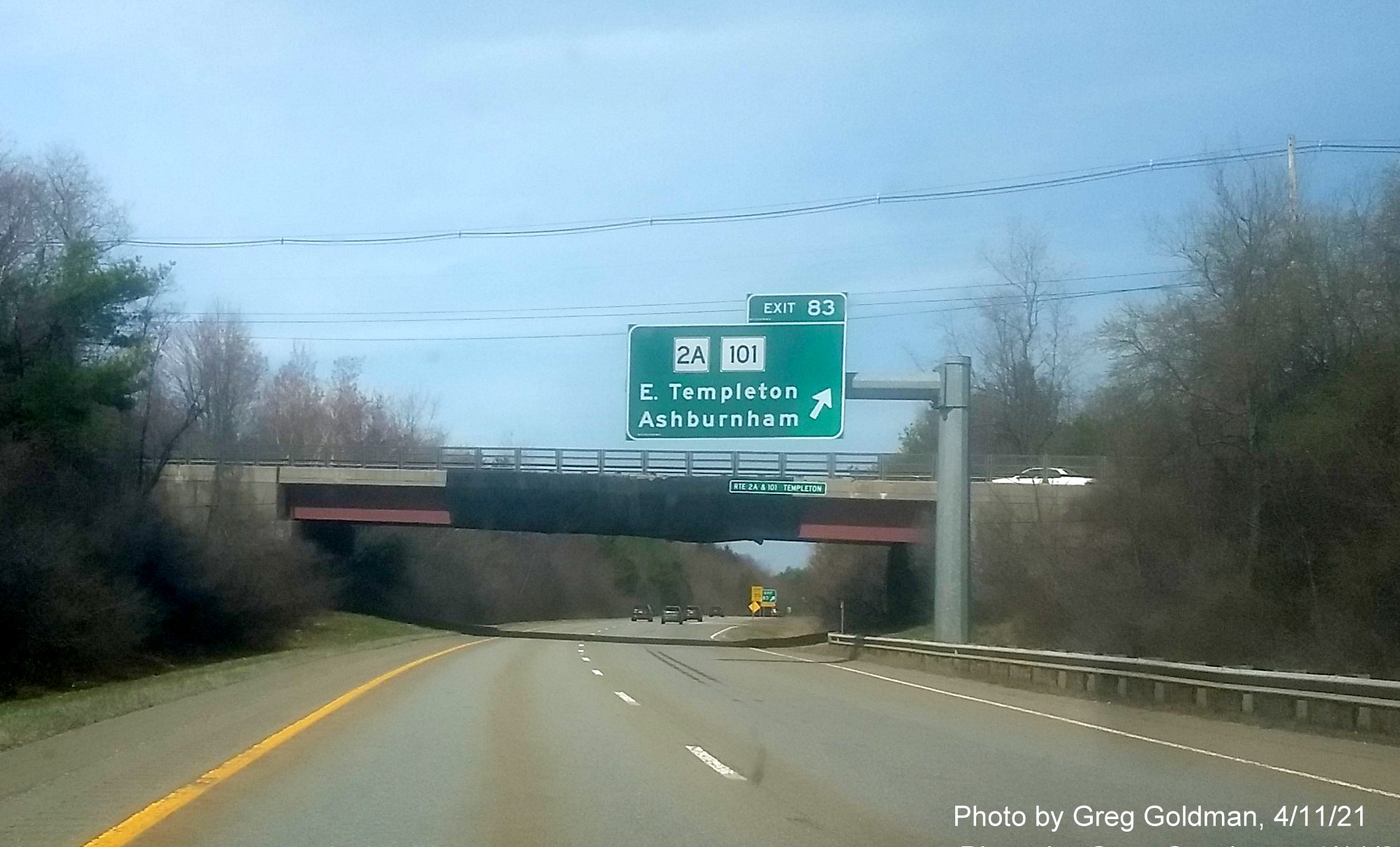Image of overhead ramp sign for MA 2A/101 exit with new milepost based exit number on MA 2 West in Templeton, by Greg Goldman, April 2021