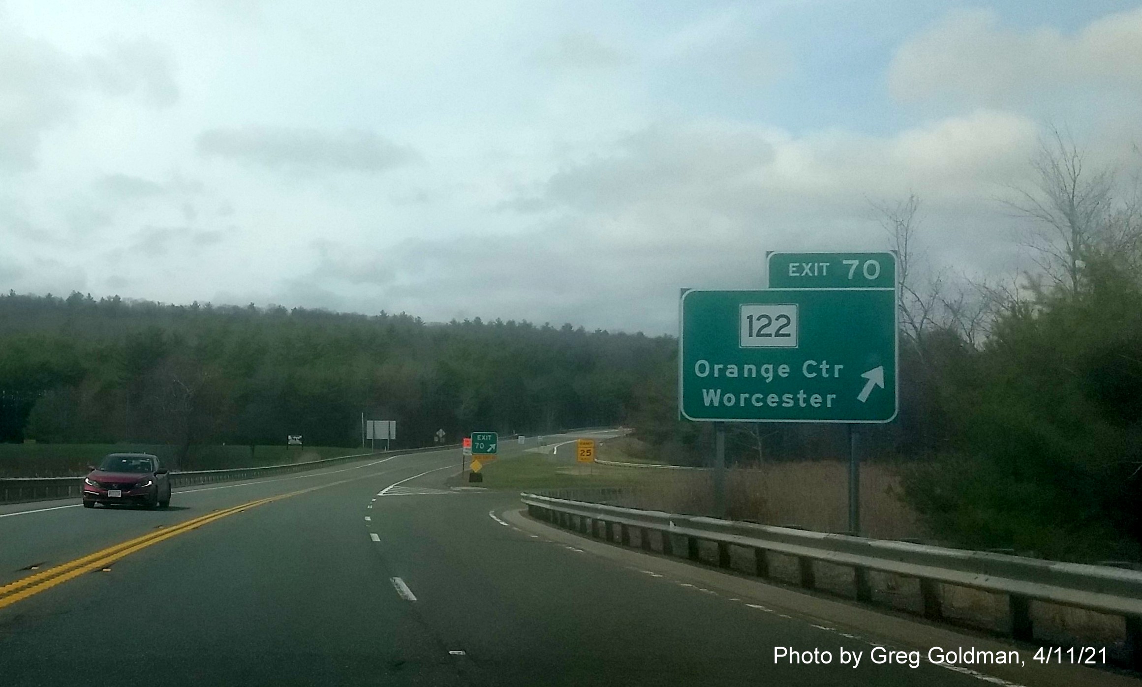 Image of ramp sign for MA 122 exit with new milepost based exit number on MA 2 West in Orange, by Greg Goldman, April 2021