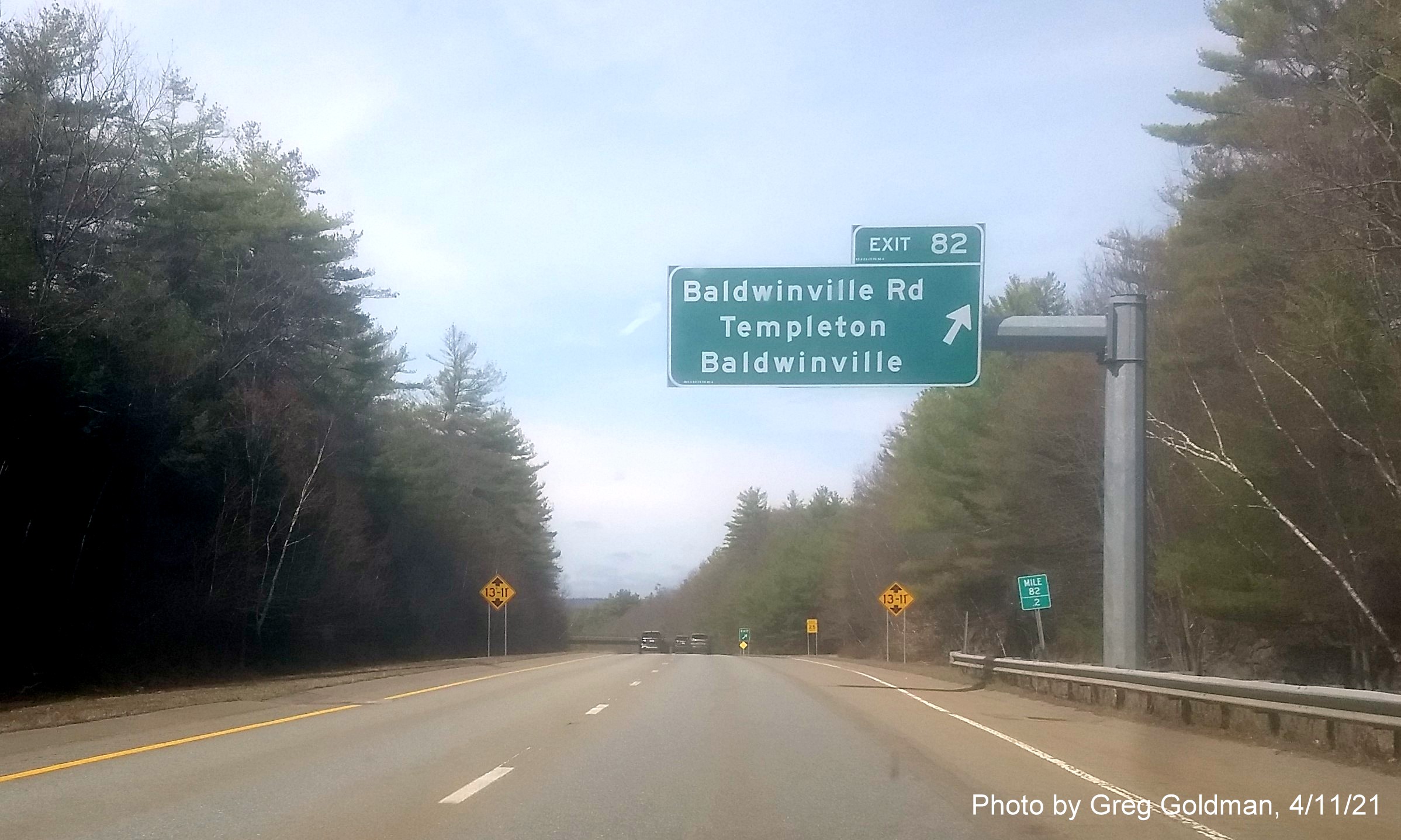 Image of ramp sign for Baldwinville Road exit with new milepost based exit number on MA 2 West in Templeton, by Greg Goldman, April 2021