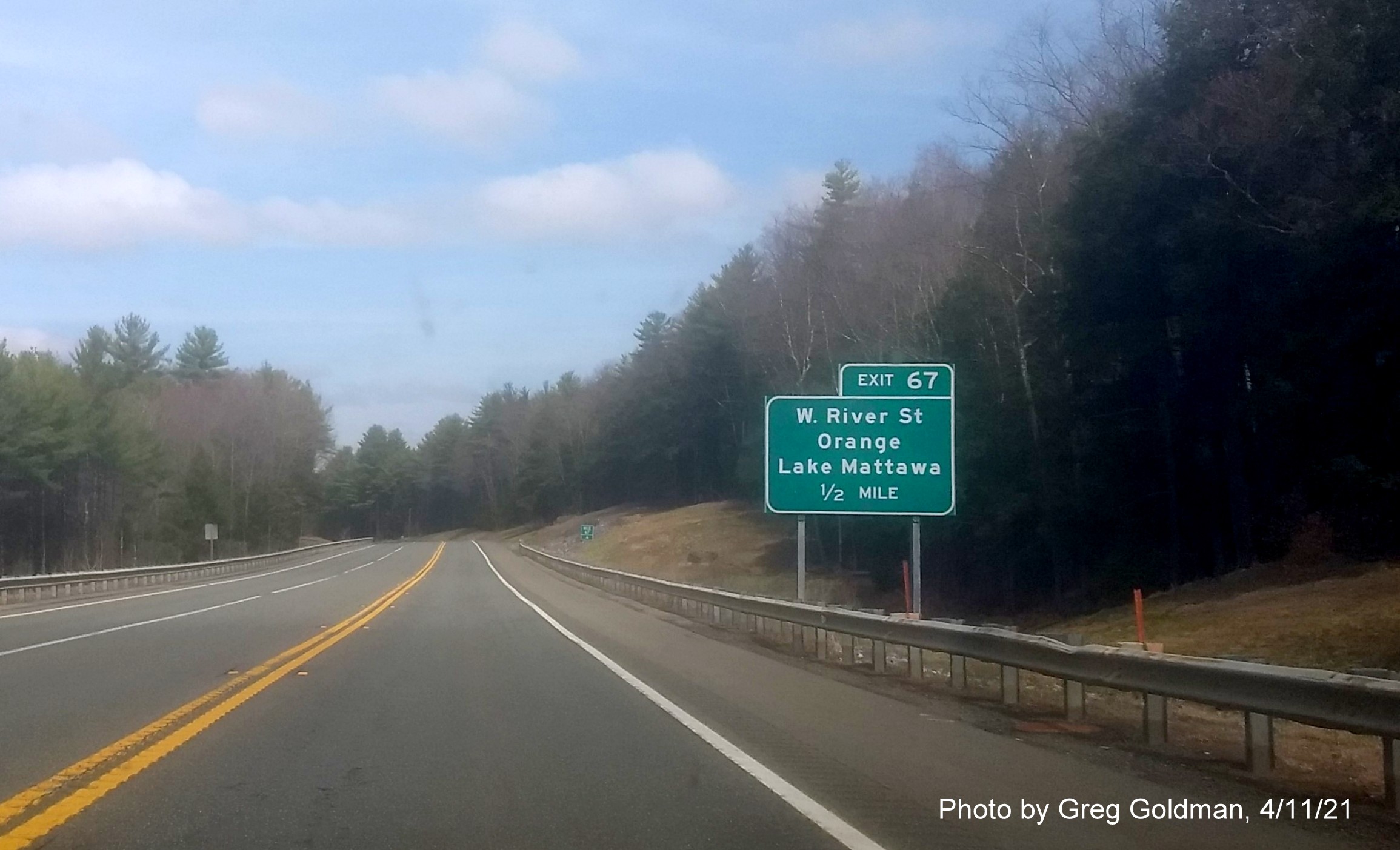 Image of 1/2 Mile advance sign for West River Street exit with new milepost based exit number on MA 2 West in Orange, by Greg Goldman, April 2021