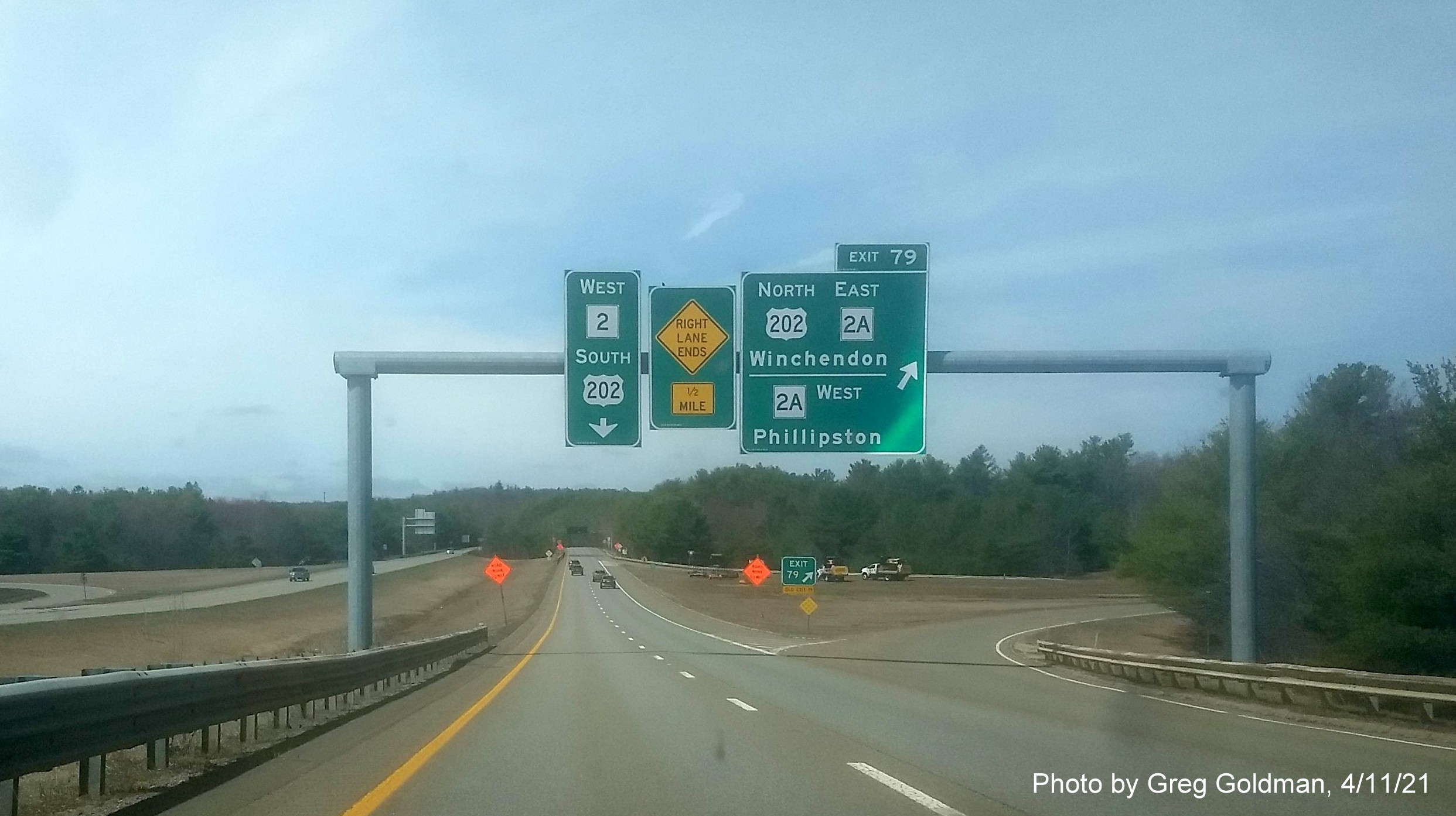 Image of 1/4 Mile advance overhead sign for US 202 North/MA 2A exit with new milepost based exit number on MA 2 West in Winchendon, by Greg Goldman, April 2021