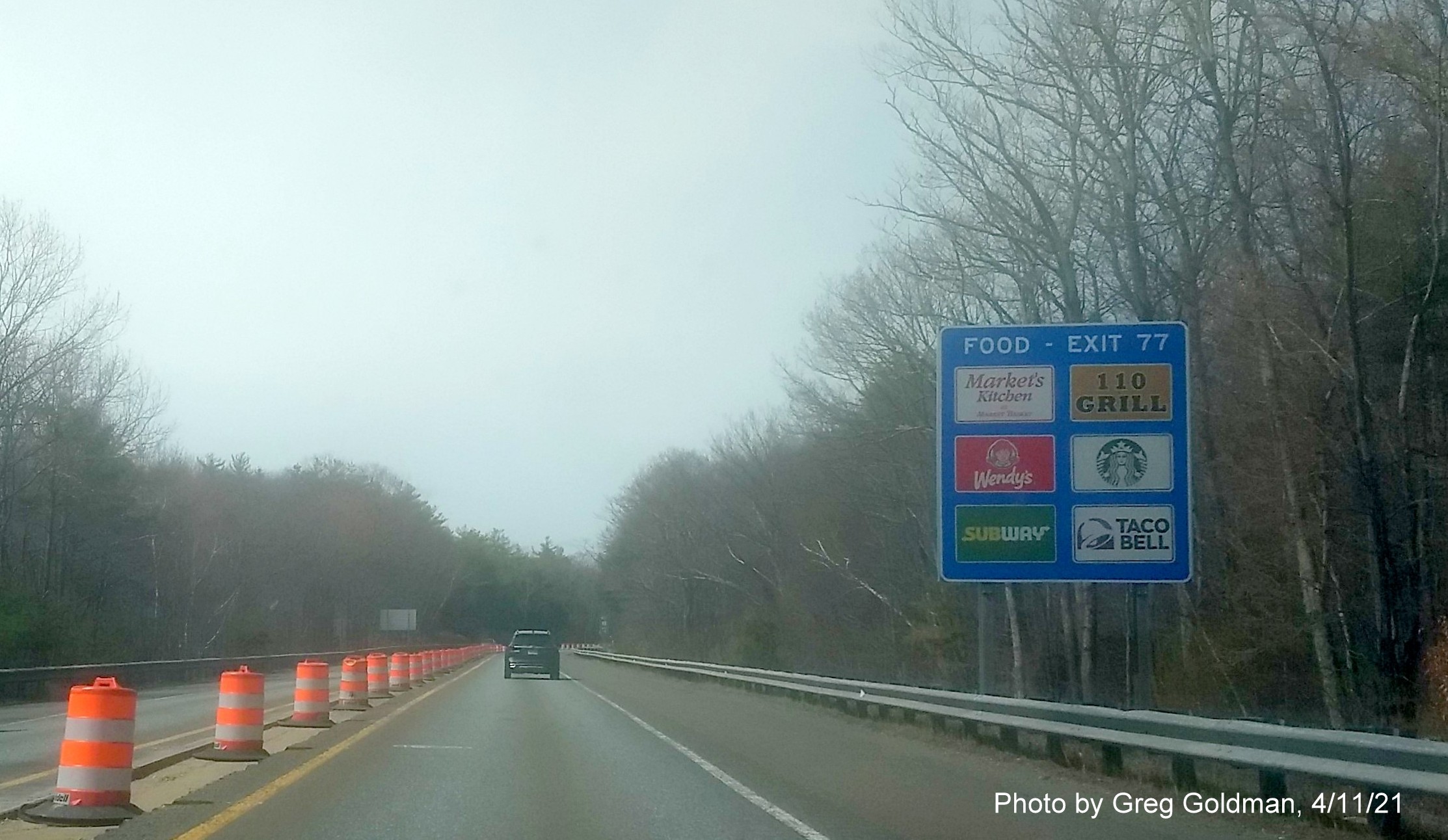Image of blue Food Services sign for MA 2A exit with new milepost based exit number on MA 2 West in Athol, by Greg Goldman, April 2021