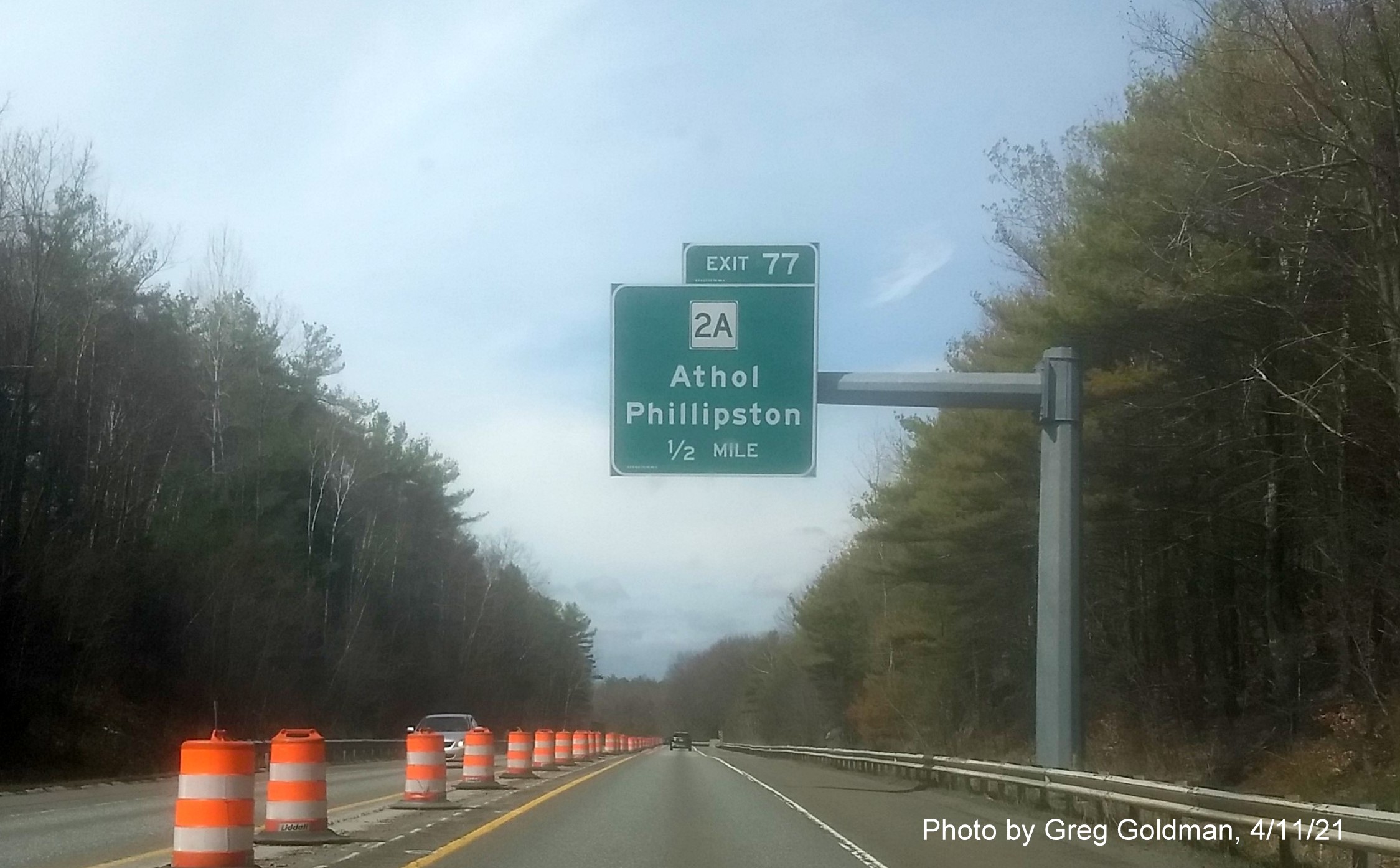 Image of 1/2 Mile advance sign for MA 2A exit with new milepost based exit number on MA 2 West in Athol, by Greg Goldman, April 2021