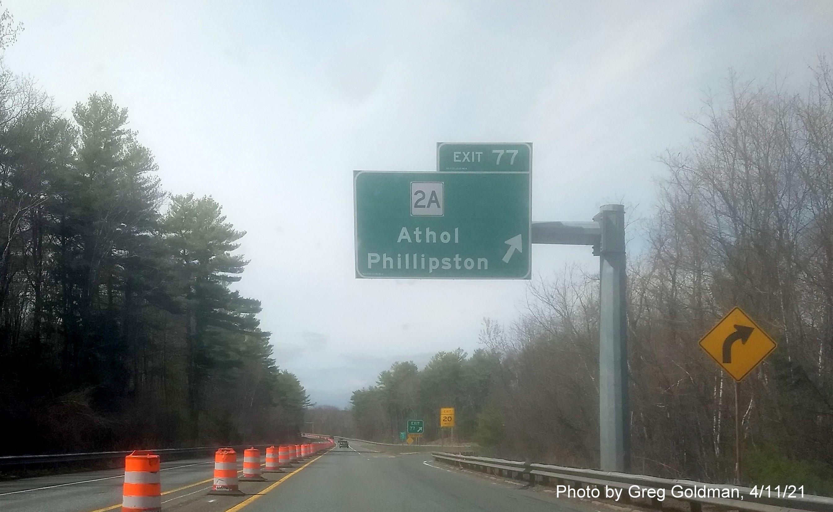 Image of ramp sign for MA 2A exit with new milepost based exit number on MA 2 West in Athol, by Greg Goldman, April 2021