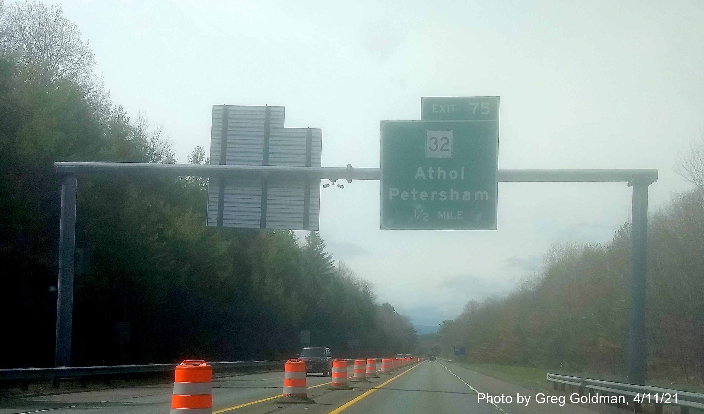 Image of 1/2 Mile advance sign for MA 32 exit with new milepost based exit number on MA 2 West in Athol, by Greg Goldman, April 2021