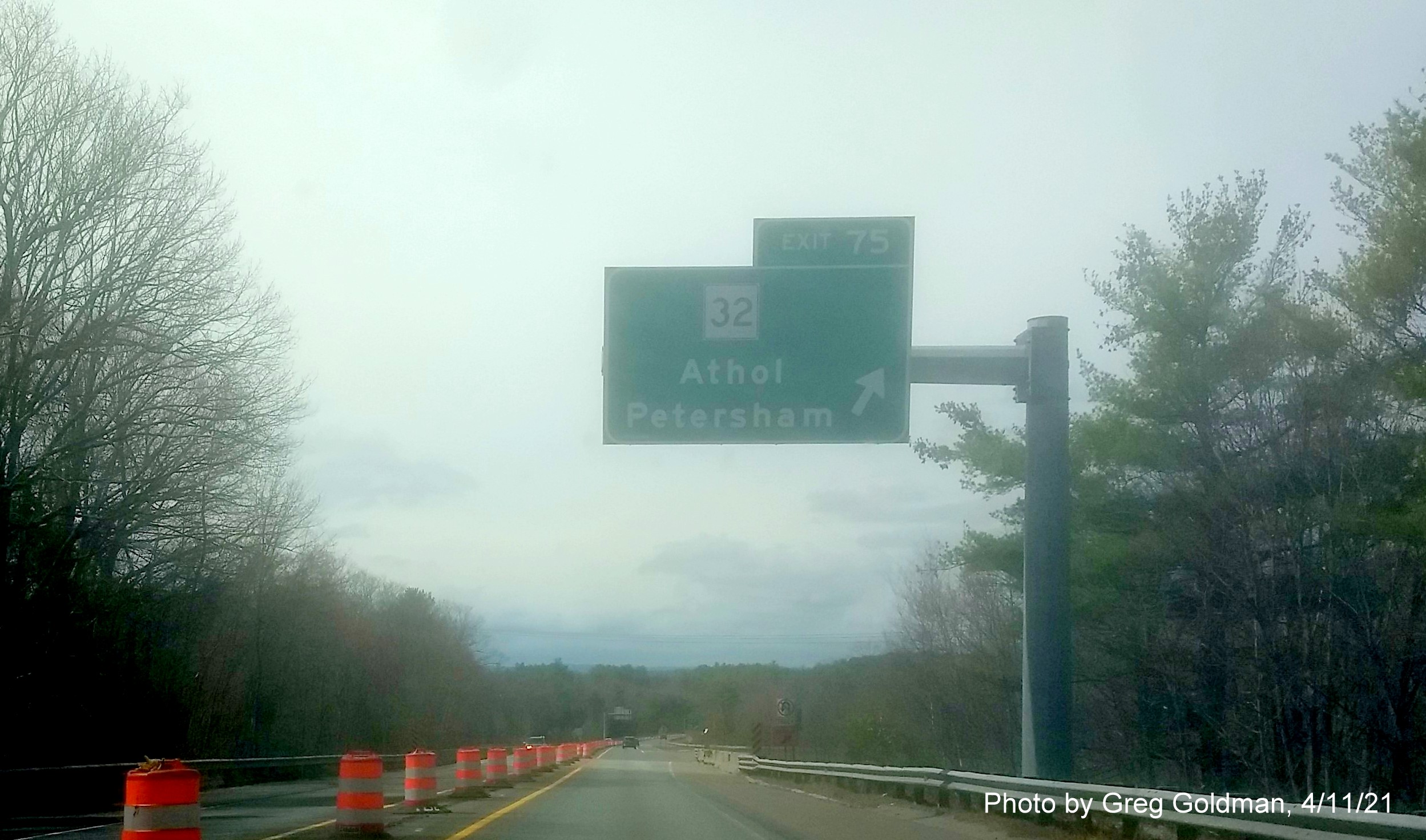 Image of ramp sign for MA 32 exit with new milepost based exit number on MA 2 West in Athol, by Greg Goldman, April 2021