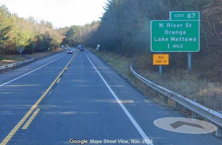 Image of 1 mile advance sign for West River Street exit with new milepost based exit number and yellow Old Exit 14 advisory sign below on MA 2 East in Orange, Google Maps Street View, November 2021