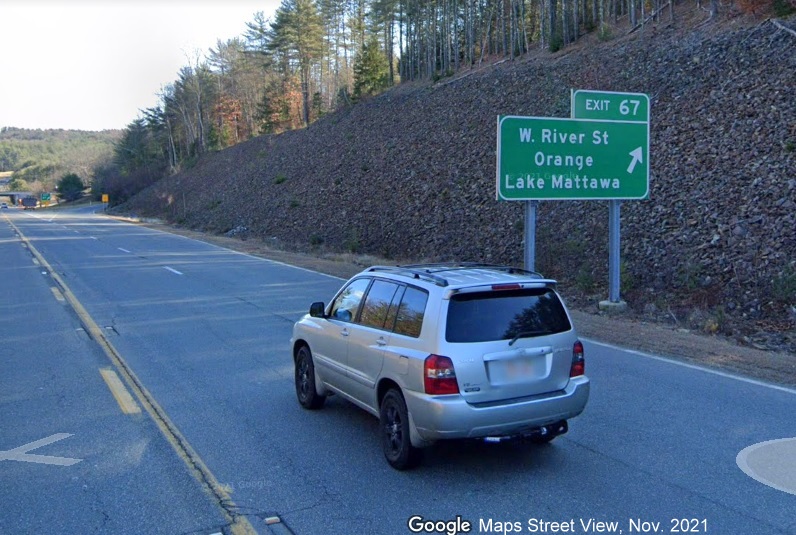 Image of ramp sign for West River Street exit with new milepost based exit number on MA 2 East in Orange, Google Maps Street View, November 2021